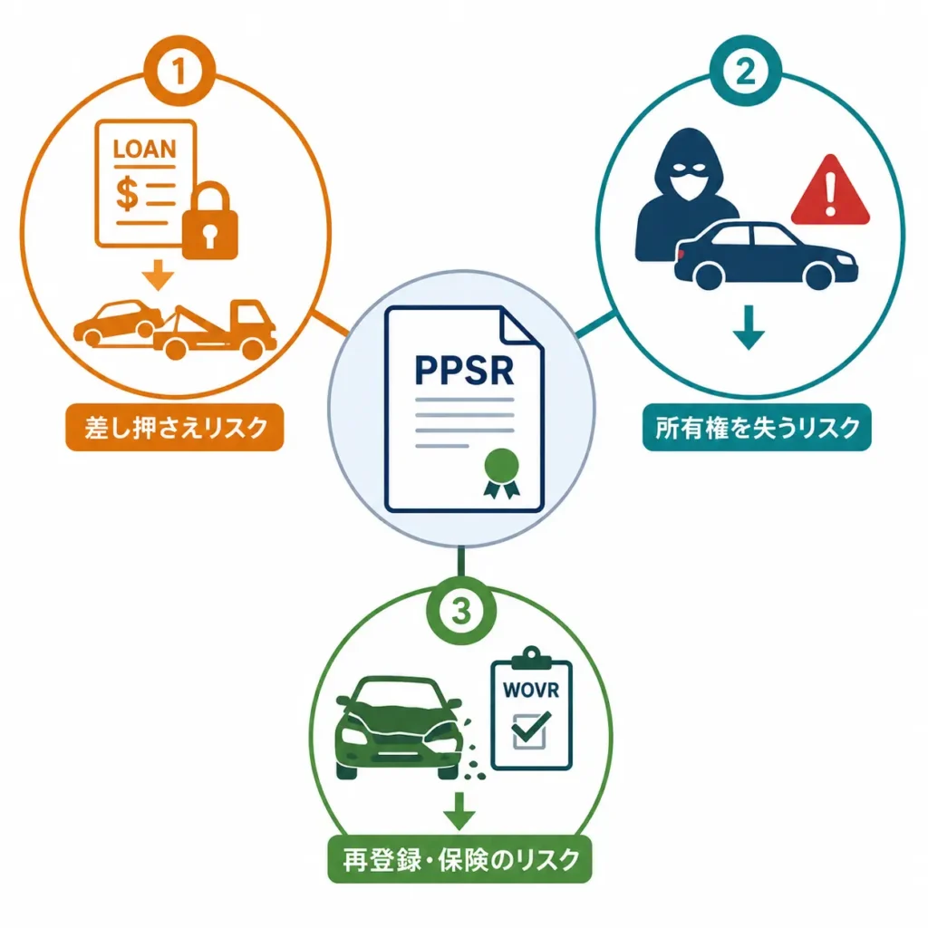 PPSRチェックでわかるローン残債・盗難記録・全損歴の3項目を示す図
