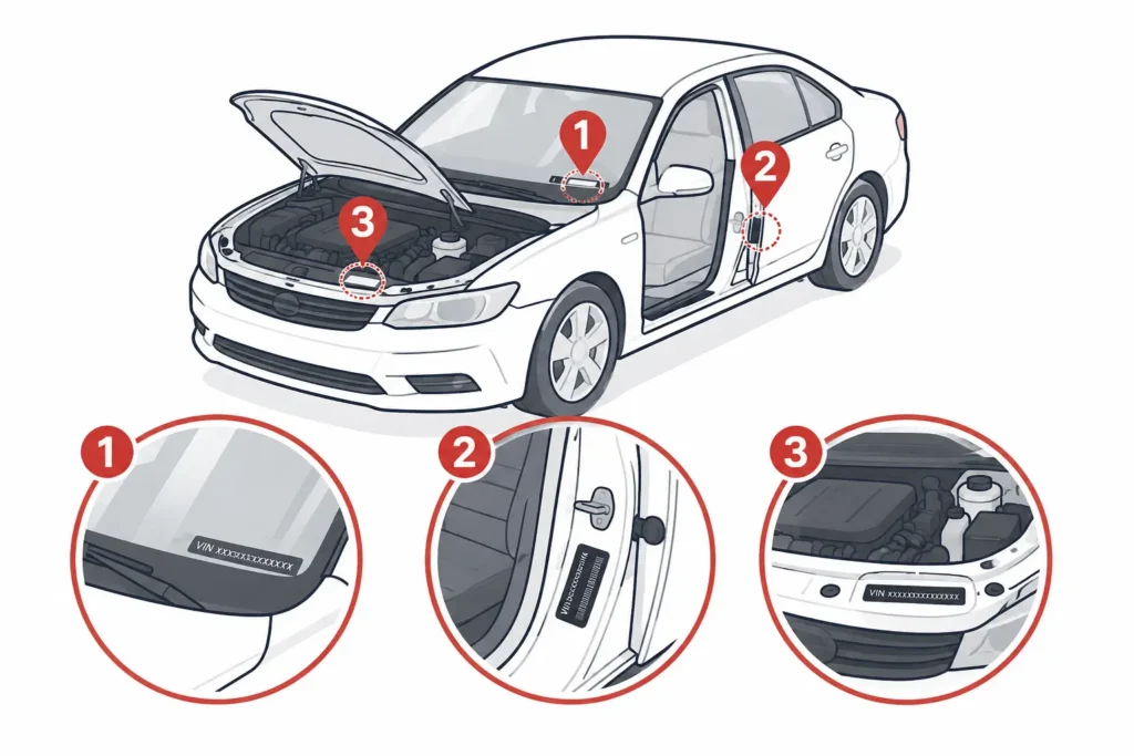 車のVIN(車台番号)が確認できる3つの場所を示す図